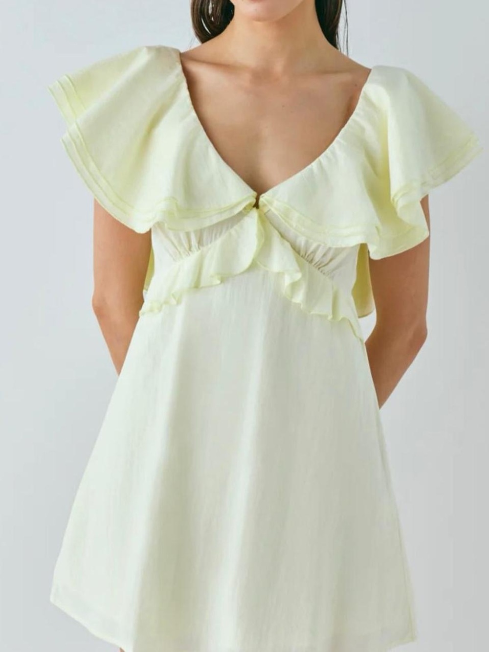 VERGE GIRL Ruffled V-Neck Mini Dress in Pale Lemon